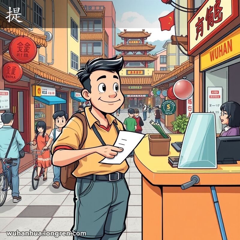 一位武汉男子在银行柜台前手持取款单，背景是繁忙的武汉街道