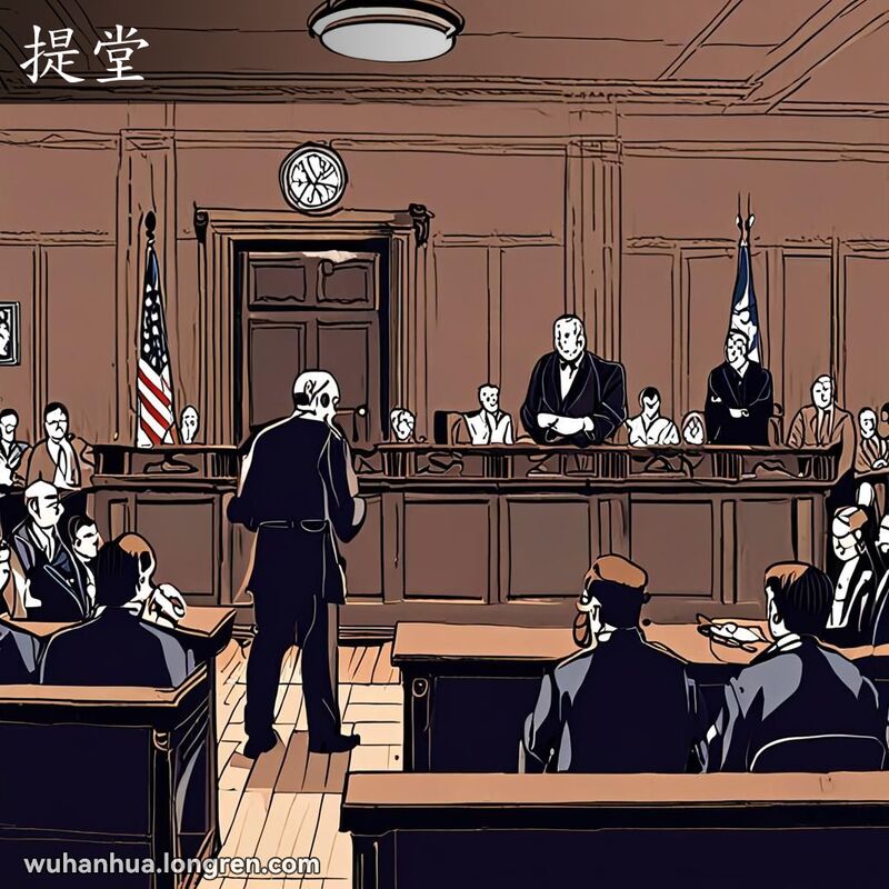 法官坐在审判席上，警察带着手铐在背后的犯人进入法庭，背景是传统的木质法庭。