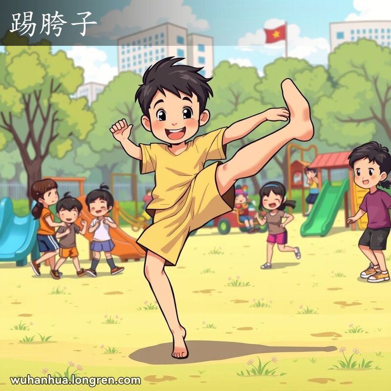 一群孩子在武汉公园玩耍，一个小男孩正在踢胯子，背景是色彩斑斓的游乐场