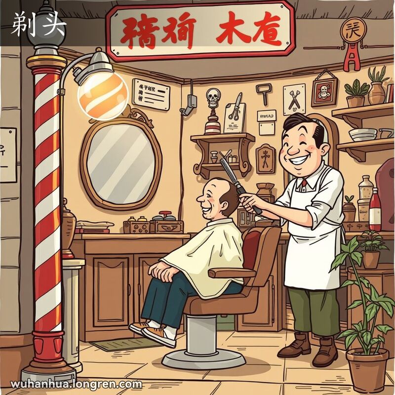 一家传统的武汉理发店，理发师正在为顾客剃头，背景有老式理发柱和温馨的店内装饰
