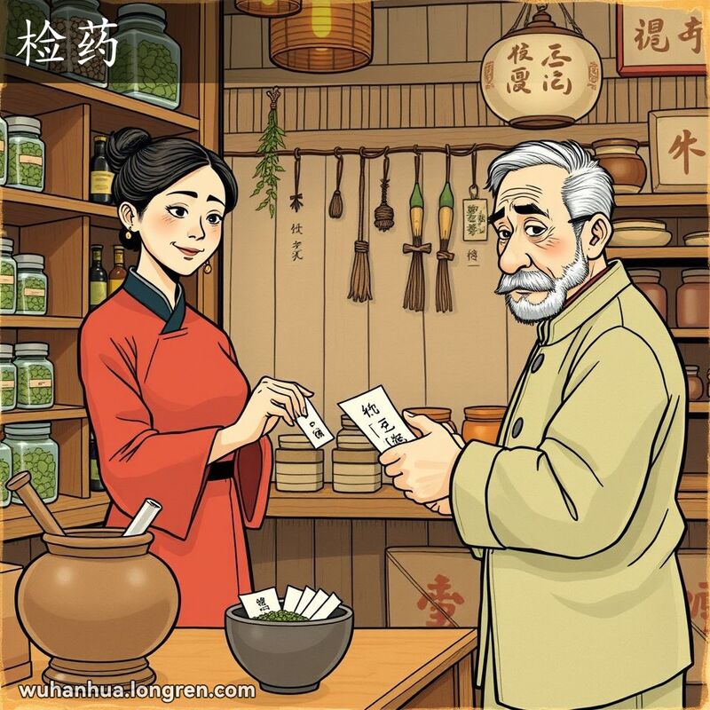 一位中年女性在传统中药房内量取和包装草药，老年男性顾客递上处方单，背景是温馨的老式药房