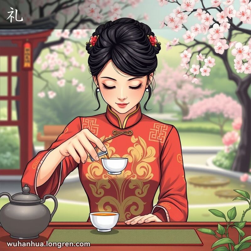 一位身穿旗袍的年轻女子在茶艺仪式中倒茶并鞠躬，背景是宁静的花园