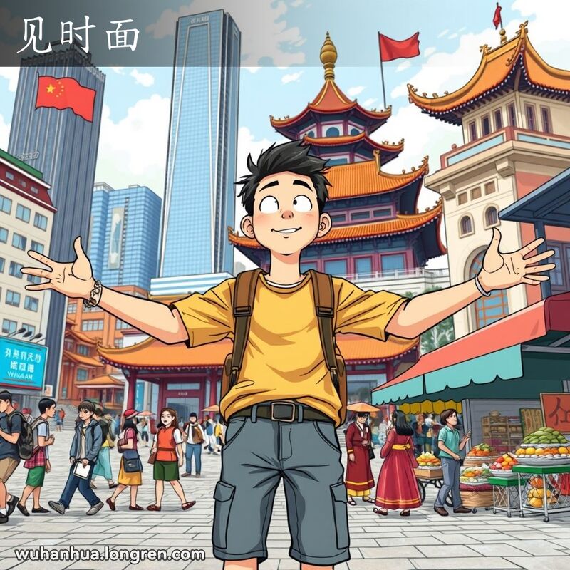 一位年轻的武汉市民在城市广场中，周围有现代大楼、传统寺庙和多样化的市场，表情惊奇兴奋，仿佛在拥抱世界。