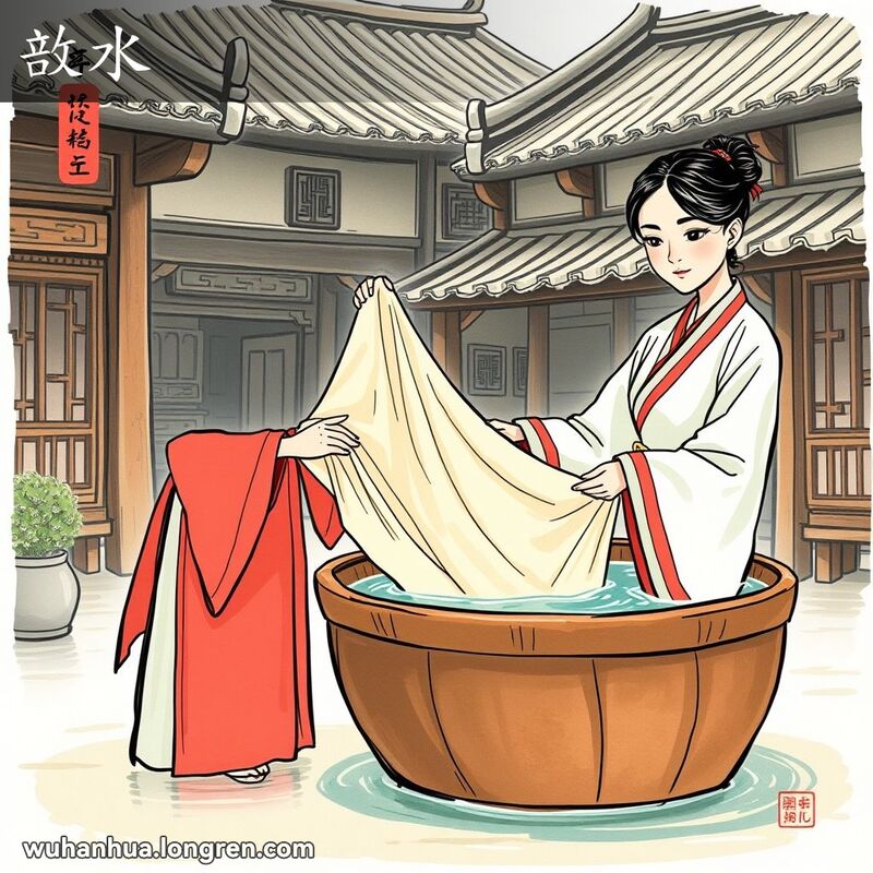一位传统中国服饰的女子在古色古香的庭院中，将布放入水中缩水