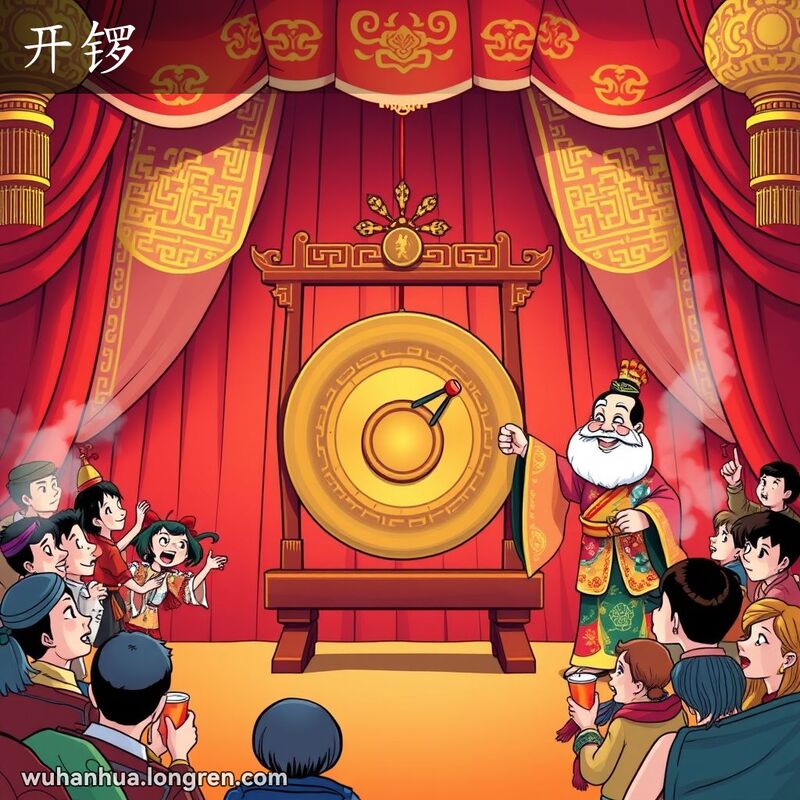 传统戏曲舞台上，演员准备敲锣开始表演，背景是热情的观众