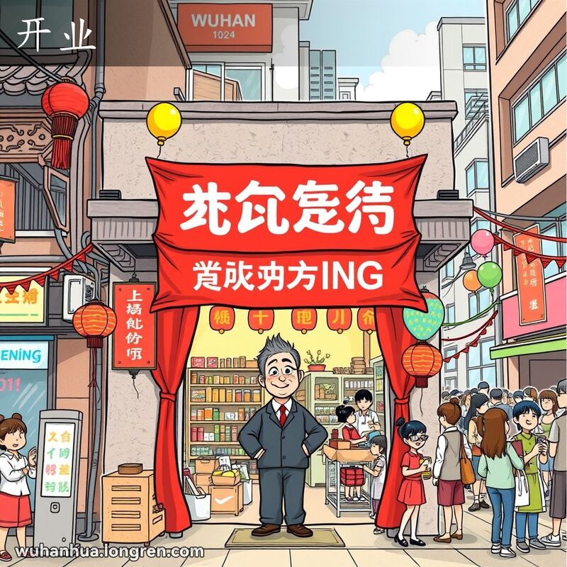 武汉街头新开张的商店，店主热情迎客，背景有气球和围观人群，庆祝开业。