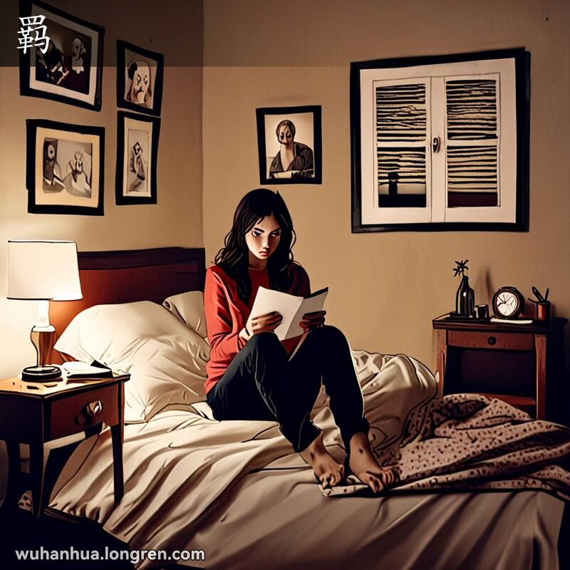 一位年轻女子坐在床上，手持远在他乡的亲人照片，神情忧虑焦虑，眉头微蹙，眼神深情地凝视着照片，体现了武汉方言“羁”（意为“挂念”）的语义，房间昏暗，布置简单，散落着一些个人物品，画面风格柔和，色调温暖，带有一丝怀旧感，极具生活气息。