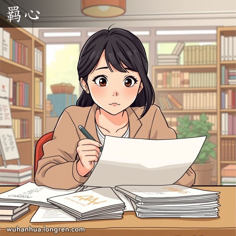 一位武汉年轻女性在书房里专注地阅读文件，表情专注，手里拿着笔准备记笔记，背景是温馨的书房