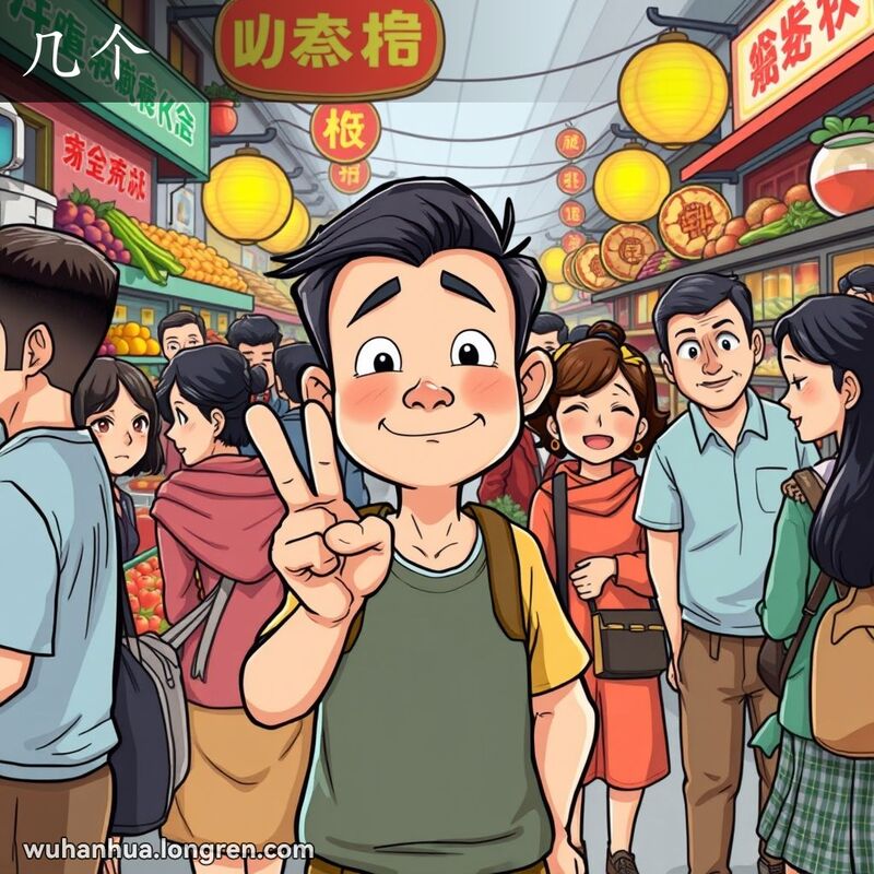 一位武汉市民在街市中数人数，脸上带着困惑的表情，背景是繁忙的市场