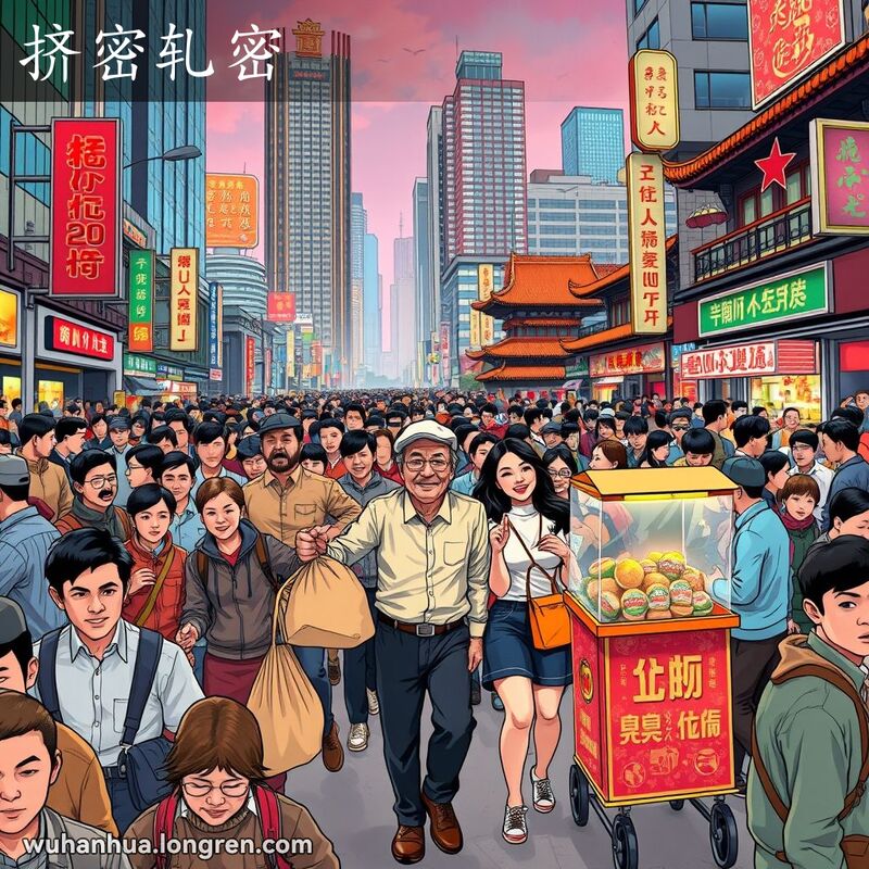 武汉街道上人潮涌动，人们挤在一起，背景是高楼和霓虹灯，展现了“挤密轧密”的拥挤场景。