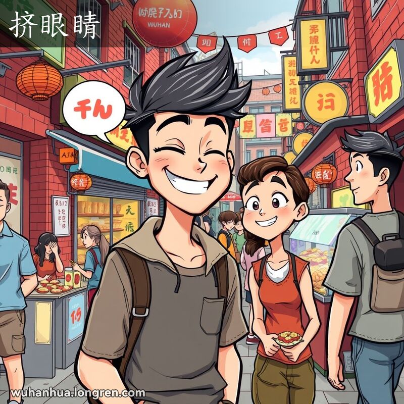 一位年轻的武汉市民在街市中夸张地眨眼示意，朋友好奇地回望，背景是热闹的武汉街市