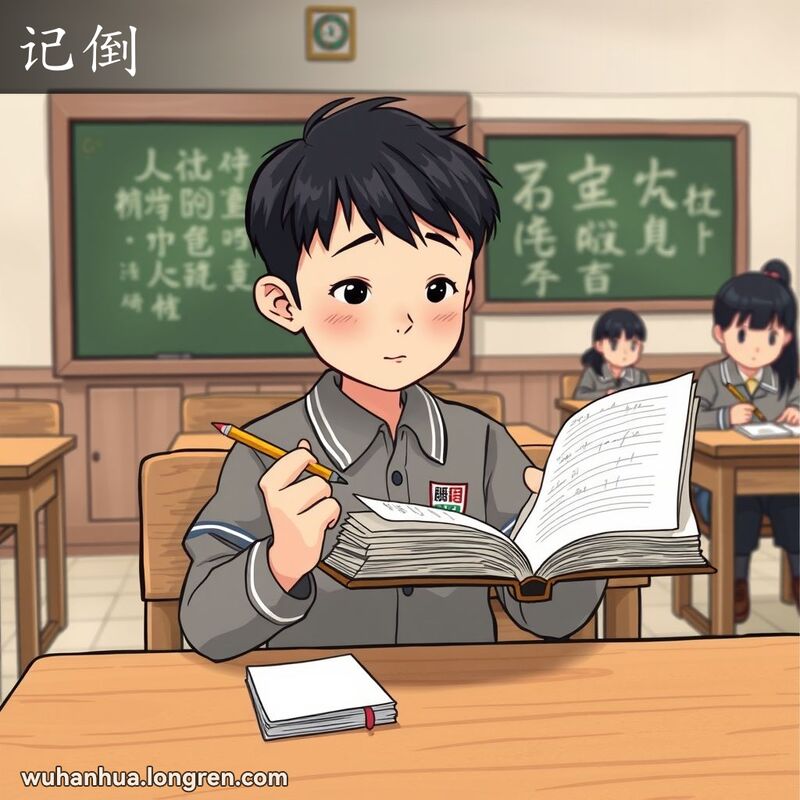 一位武汉学生坐在教室木桌前，手持铅笔和笔记本，专注地看着笔记，表情坚定，背景是老式教室
