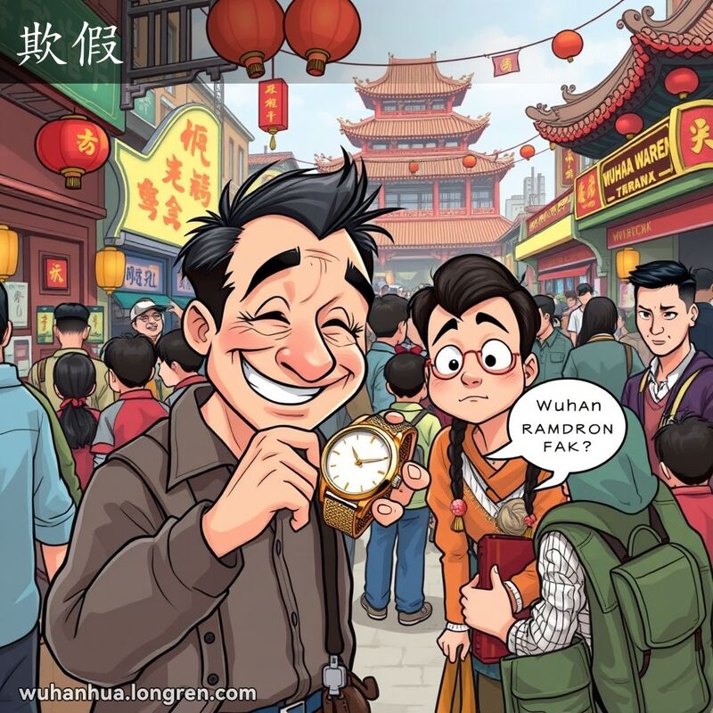 武汉市场中，一位男子试图卖假手表给怀疑的顾客，背景是繁忙的市场摊位和人群。