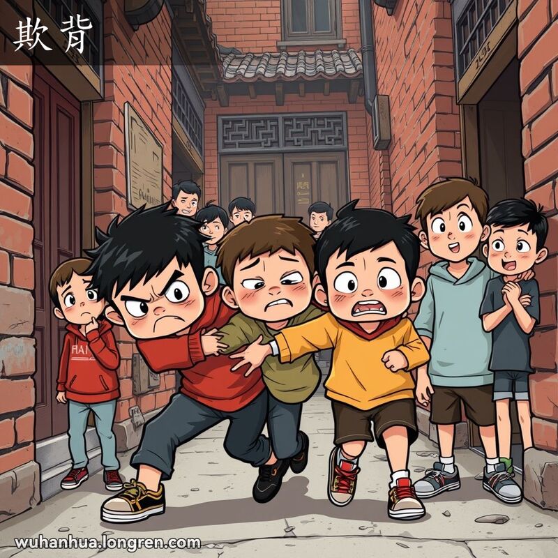 一群孩子在武汉小巷中，一个孩子被另一个孩子推搡，背景中其他孩子表情各异