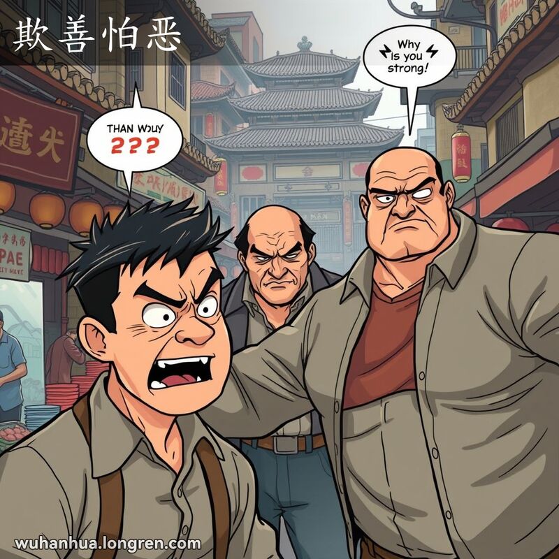 武汉老街上，一个懦弱的男子被欺负，背景中强者的出现让欺负者露出恐惧的表情。