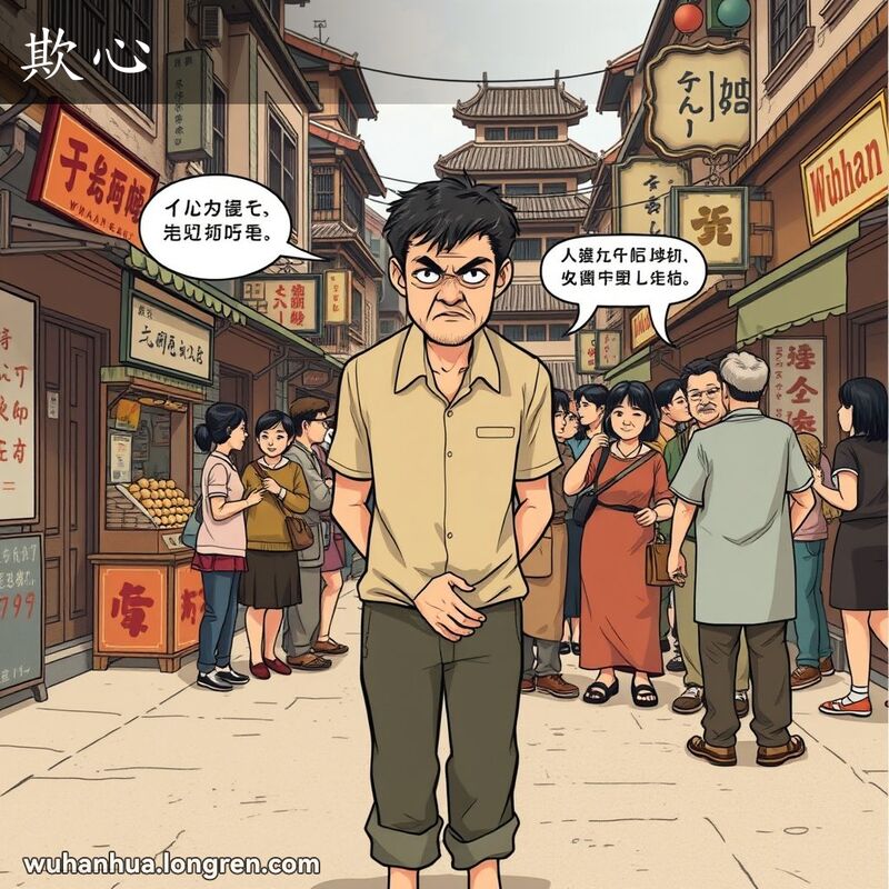 一位男子在武汉老街上低头愧疚，背后一群人指指点点，背景有小吃摊和老招牌。