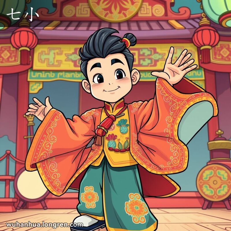 汉剧舞台上，一位年轻男演员穿着华丽戏服，表演戏剧性姿势，背景有传统乐器和布景。