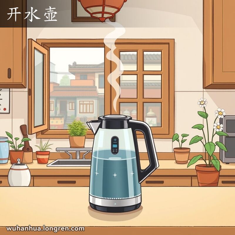 一个温馨的武汉家庭厨房，电热水壶放在台面上，壶嘴冒着蒸汽，背景有木质橱柜和绿植