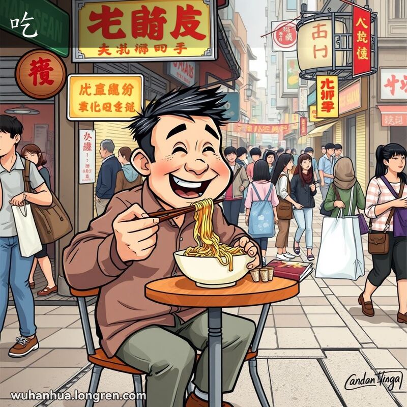 一位武汉男子坐在街边摊前，享受地吃着热气腾腾的面条，背景是繁忙的武汉街头