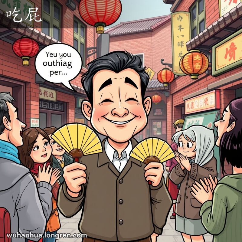 一位武汉男子站在街边，周围人夸赞他，他露出得意的笑容，背景是武汉老街景
