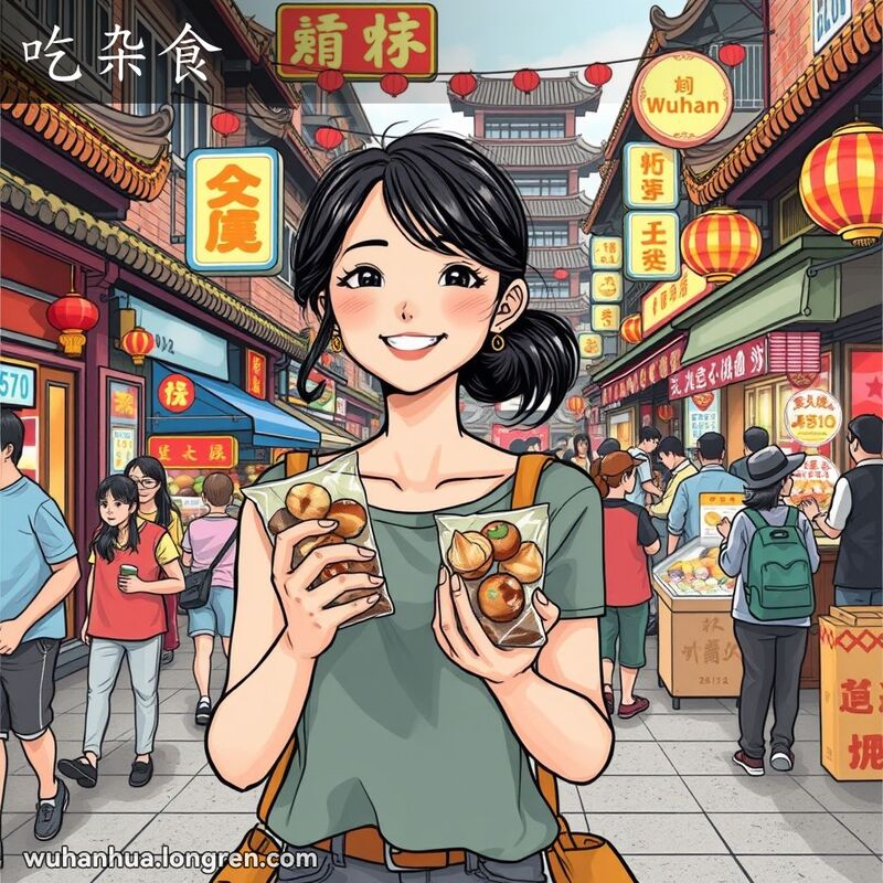 一位年轻女子在武汉街头手持一袋小吃，背景是热闹的街景和小摊贩