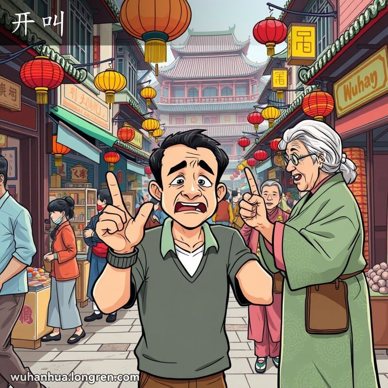 武汉街头，老妇人责骂男子，男子求饶，背景有摊位和行人