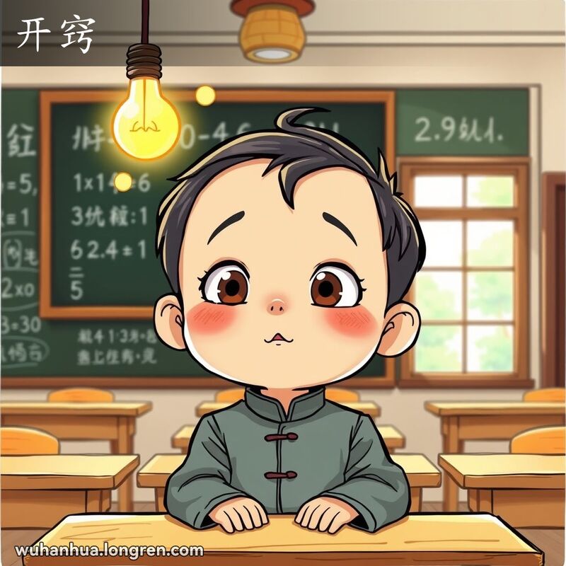 一位武汉小孩在教室里学习，头顶上方有一个亮起的灯泡，象征着顿悟的瞬间，背景是写满数学公式和汉字的黑板。