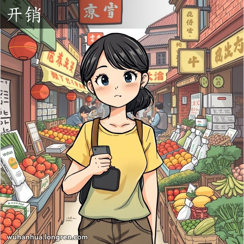 一位武汉年轻女性在市场中手持钱包，仔细计算商品费用，背景是繁忙的武汉老街市场