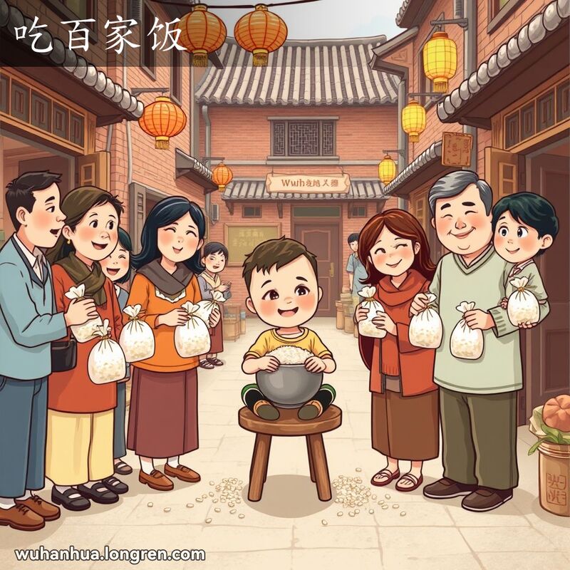 一个小孩坐在街边，周围的成年人微笑着把米倒进孩子的碗里，背景是武汉老街景