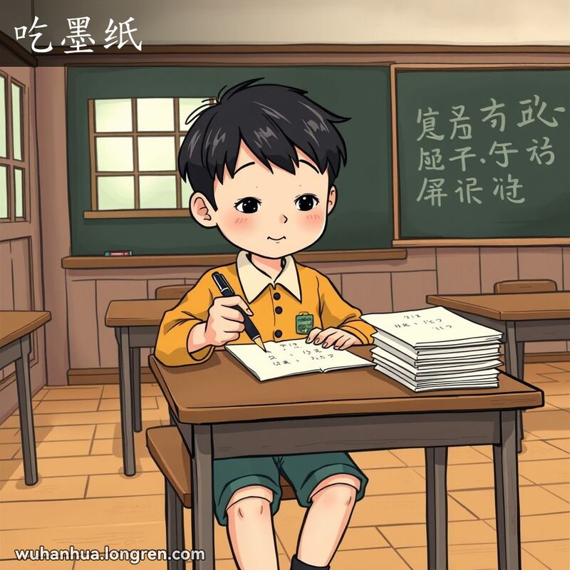 一位学生在旧式教室里用吸墨纸吸干墨水，背景有木地板和黑板