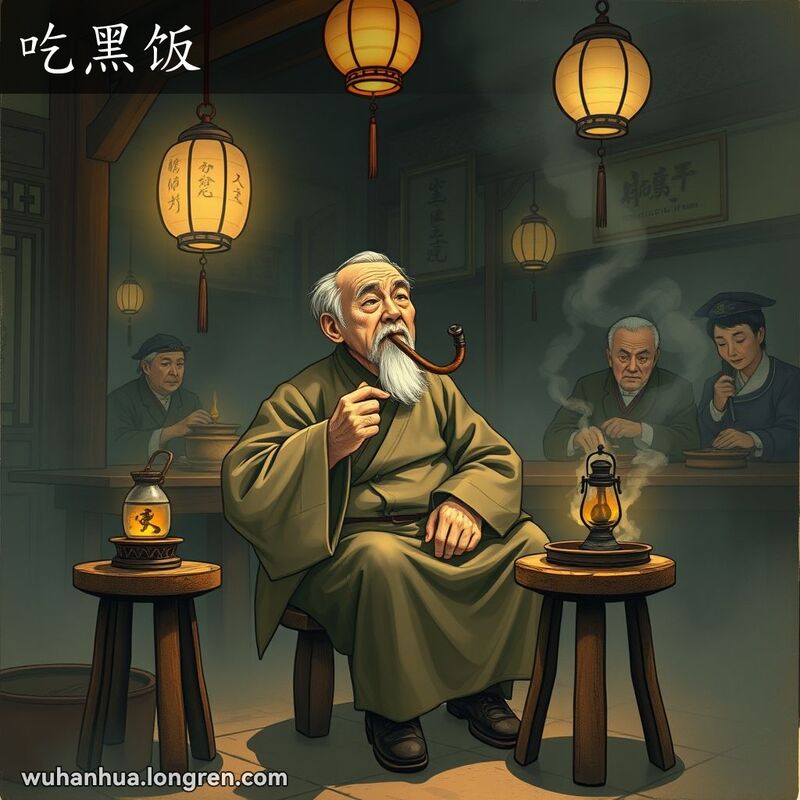 一位老人在昏暗的鸦片馆内吸食鸦片，背景有其他顾客和弥漫的烟雾