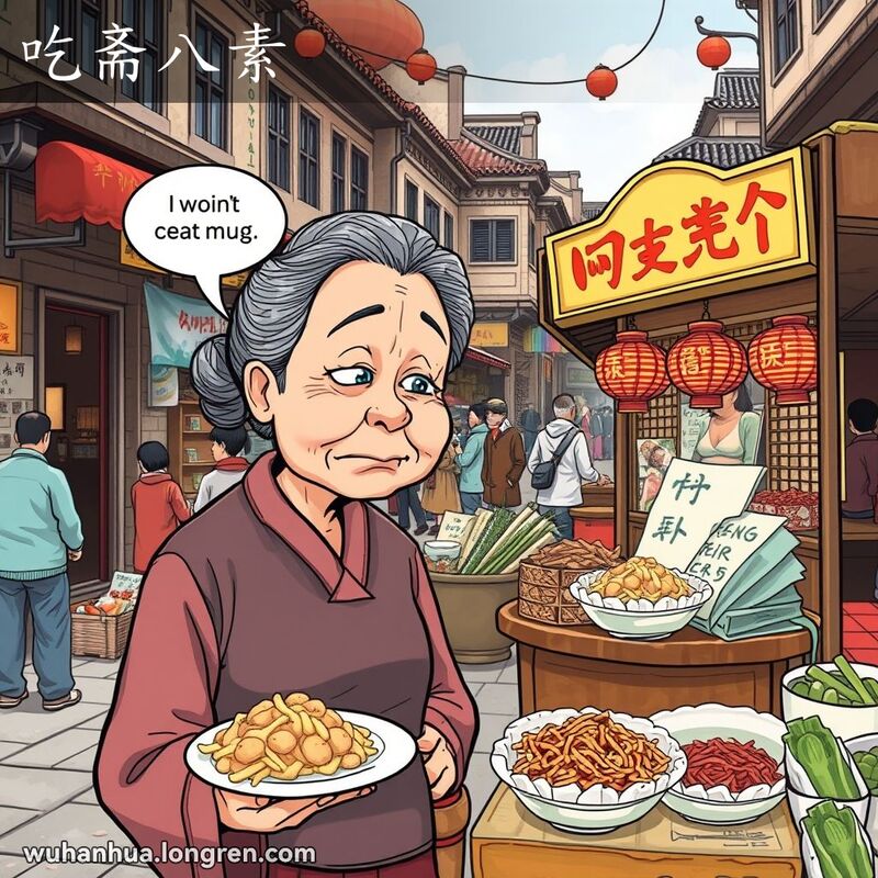 一位中年妇女站在武汉街头素食摊前，望着素食菜肴露出不以为然的表情，背景是热闹的武汉老街景