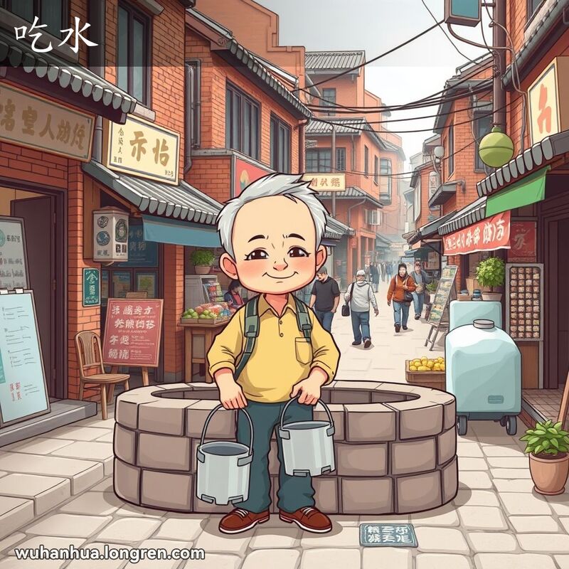 一位武汉市民站在井边，手持水桶，面带可信赖的表情，背景是武汉老街景
