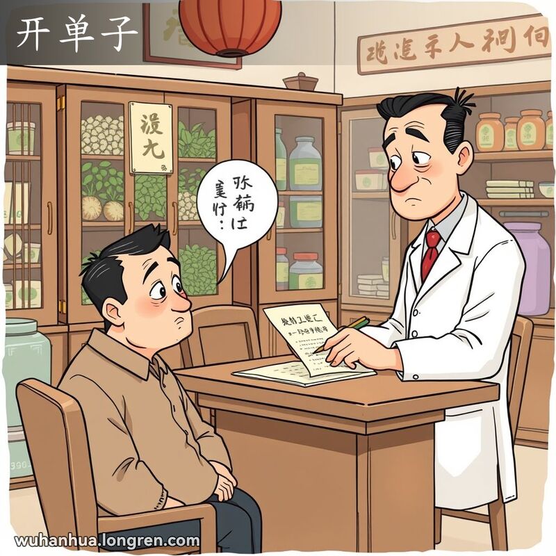 中医医生在诊所为患者开药方，患者表情怀疑，背景有中药罐和木质桌椅