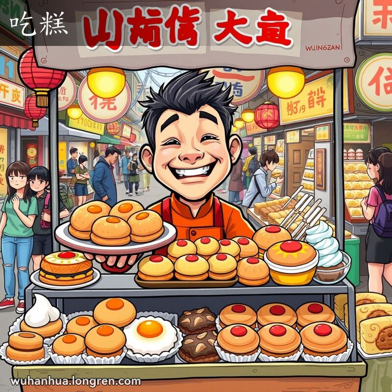 武汉街头小贩站在摊位后，摊位上摆满糕点，背景是热闹的街头市场