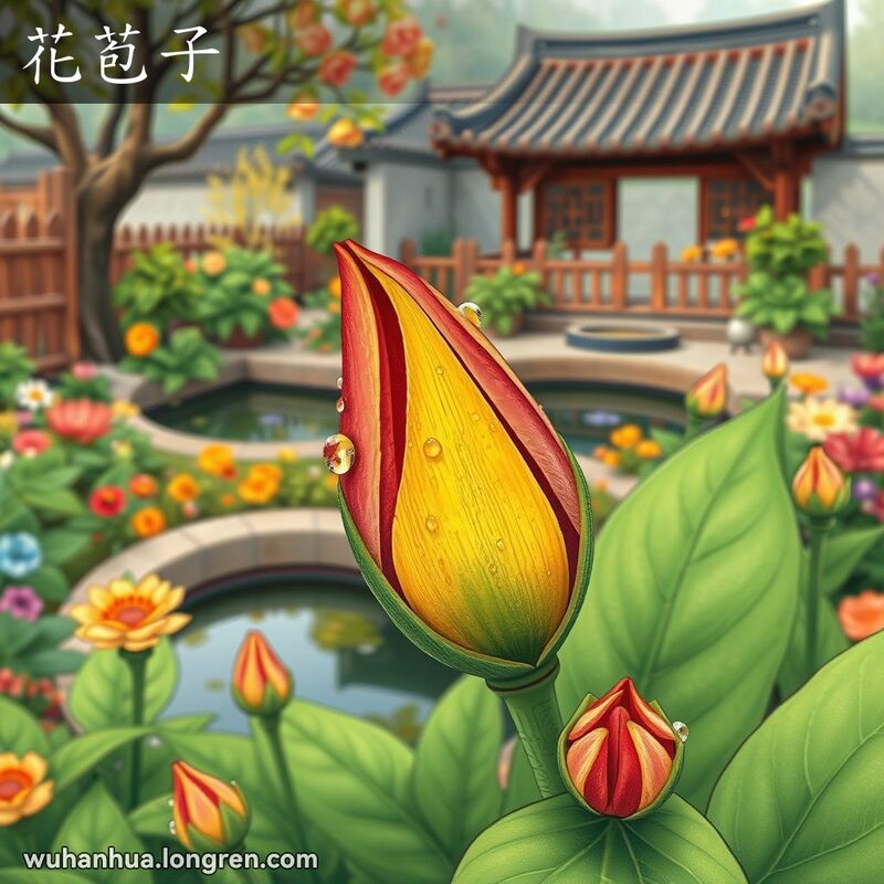 一朵带露珠的花苞，周围有绿叶和其他小花苞，背景是传统武汉花园