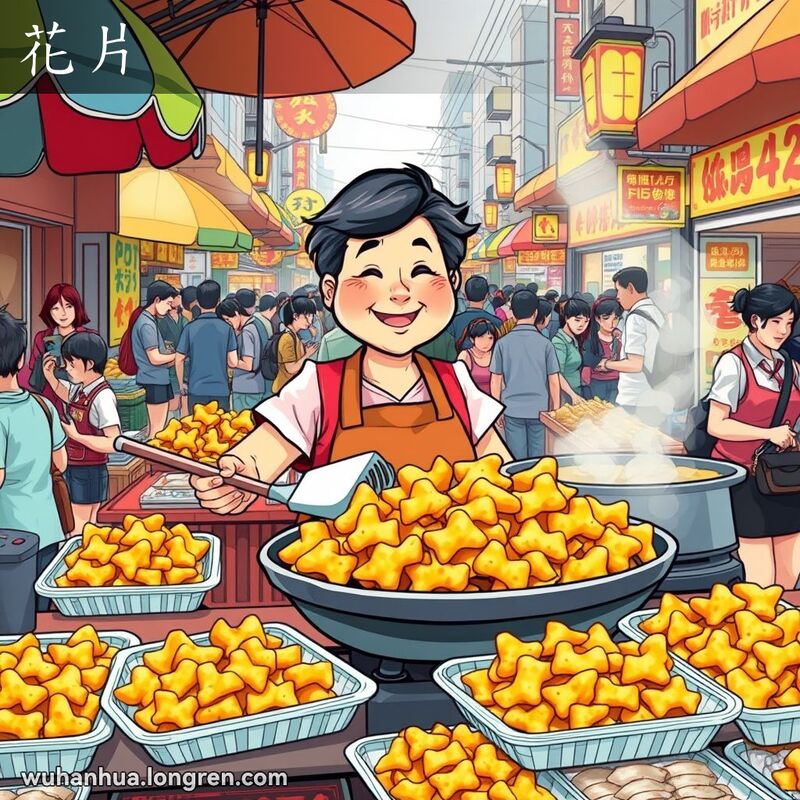 武汉街头市场，摊主在售卖刚出锅的“花片”，背景是热闹的市场场景