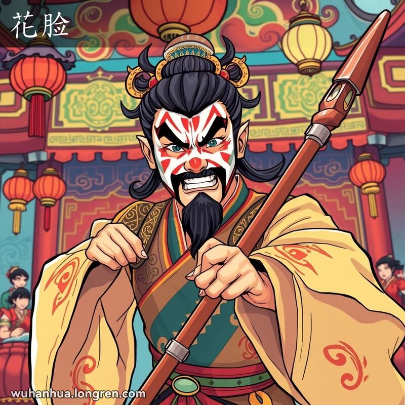 中国戏曲舞台上，一位脸谱涂彩的男性演员手持道具，表现出刚烈和粗野的性格，背景有其他演员和传统戏曲元素。