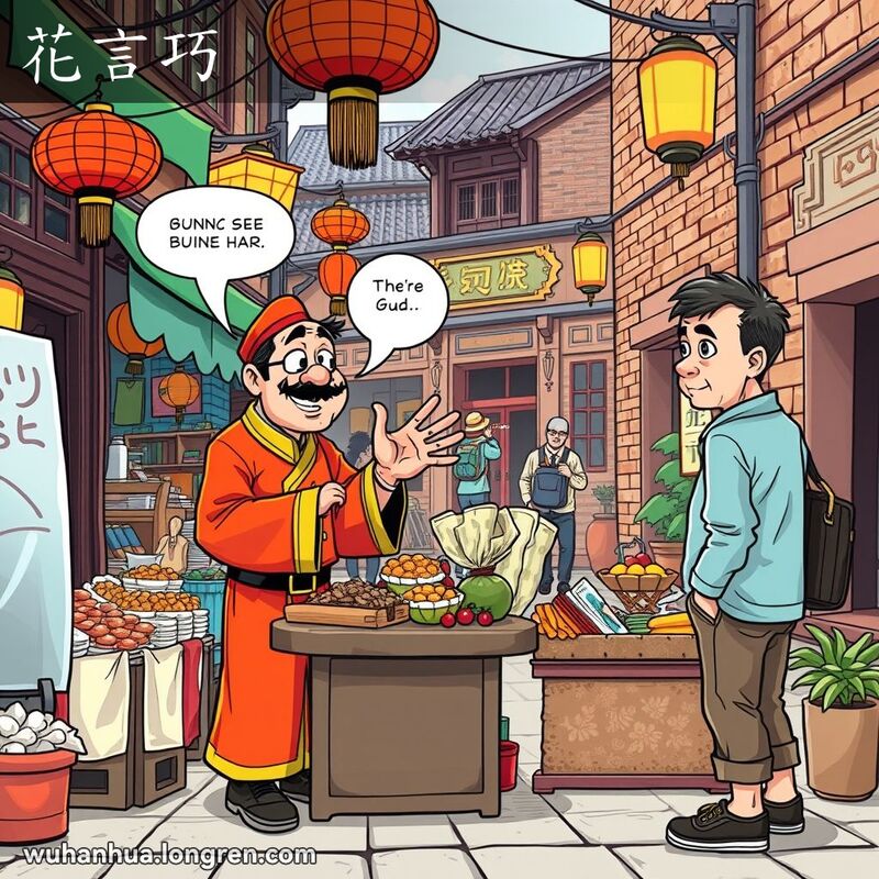 武汉老街市场，小贩用花言巧语吸引路人，背景是热闹的市场和传统灯笼