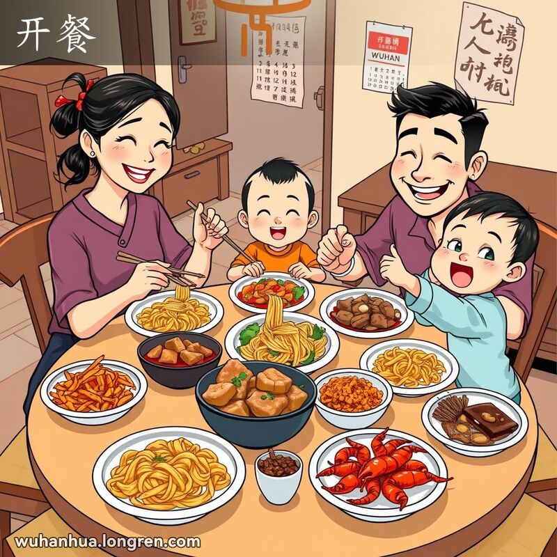 一家三口围坐在餐桌旁，享受武汉传统美食，母亲为孩子夹菜，父亲准备开餐，孩子兴奋地伸手拿食物。