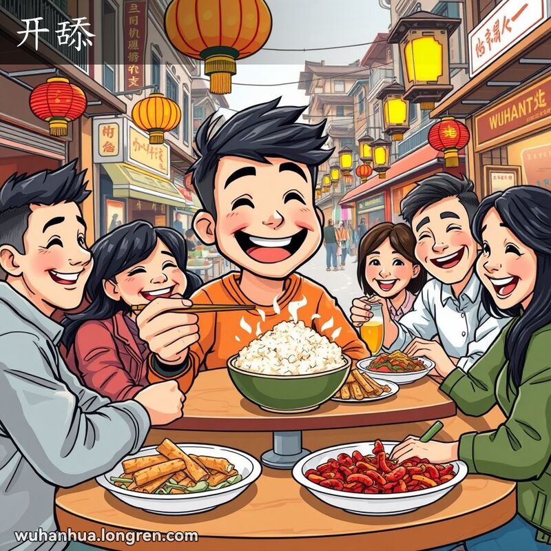 一群朋友在武汉街头餐馆享受美食，主角准备开始用餐，背景是繁忙的武汉老街景