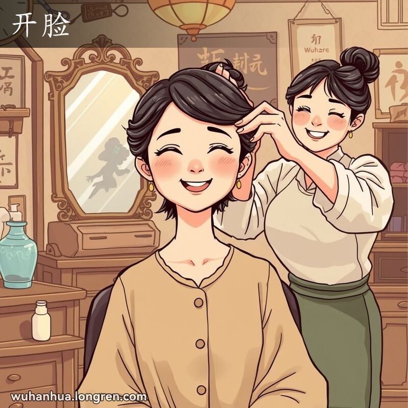 一位即将结婚的武汉姑娘在传统理发店里整理发型，理发师正在修剪她脸颊和颈部的细毛，背景是老式理发店