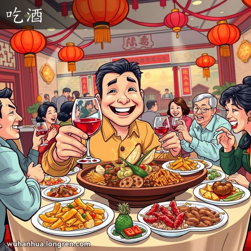 一个中年男子在武汉餐馆宴会上举杯碰杯，背景有红灯笼和其他客人