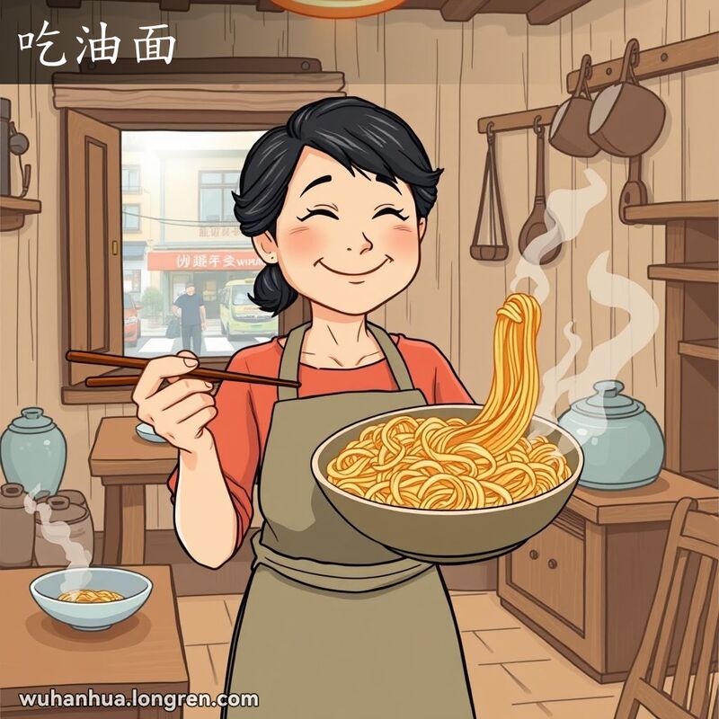 一位中年妇女在传统厨房里手持一碗热气腾腾的油面，脸上带着满足的微笑，背景是温馨的家庭环境。