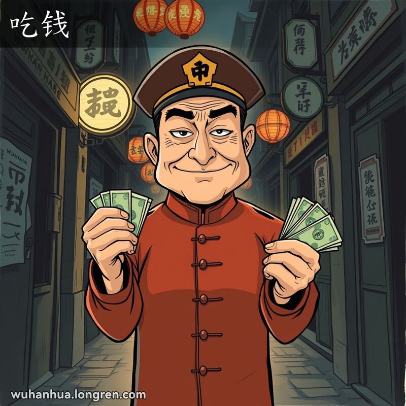 一位贪官在阴暗的巷子里手持钞票，脸上露出得意的表情，背景是武汉的老街景