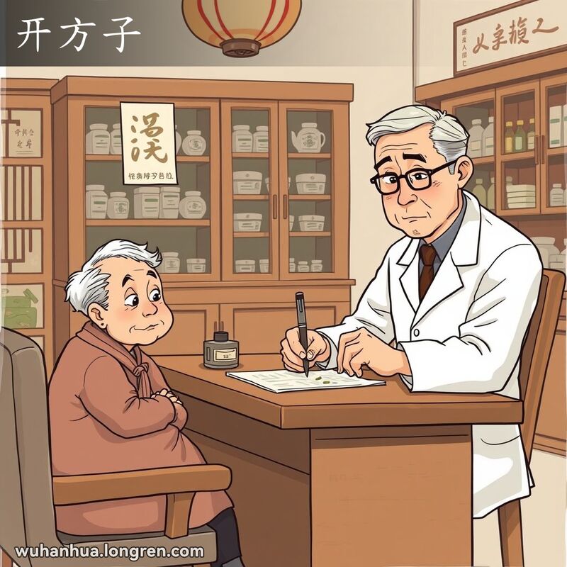 中医医生在诊所内为患者开药方，患者焦虑地坐在对面，背景是传统中药诊所。