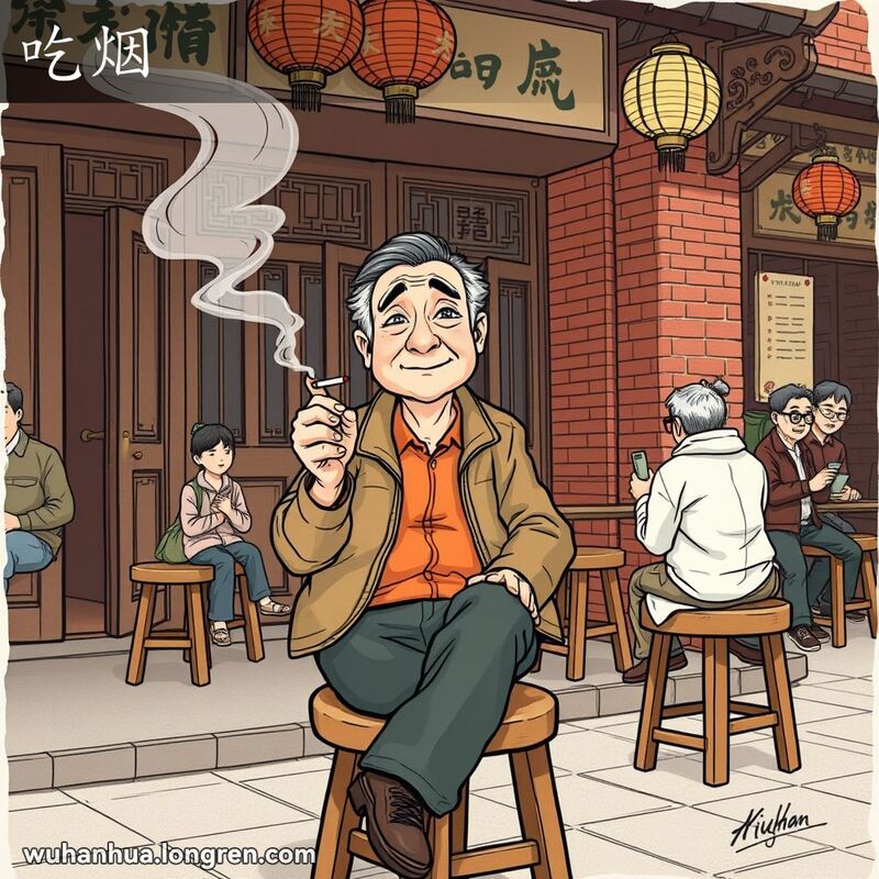 一位中年武汉男子坐在茶馆外的木凳上，手持香烟，背景是武汉老街景