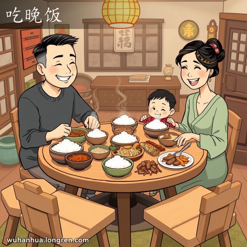 一个武汉家庭围坐在桌旁享用晚餐，桌上摆满了热气腾腾的米饭和地道菜肴，背景是温馨的家庭内景