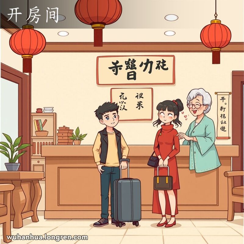 一对年轻情侣在传统中式酒店前台办理入住手续，背景有红灯笼和木质家具