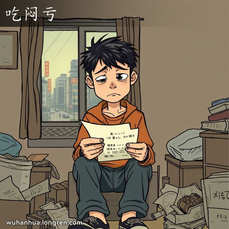 一位武汉年轻人坐在昏暗的房间里，手持账单，面露“吃闷亏”的表情，背景是杂乱的房间和窗外的武汉街景